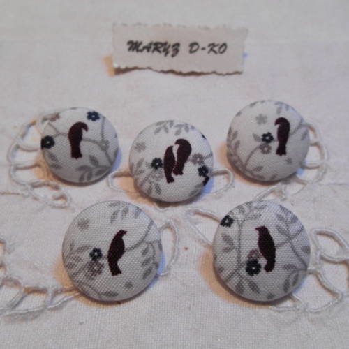 5 boutons tissu 22mm "les oiseaux lilac hill " gris perle