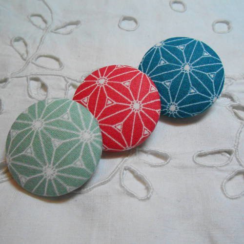 3 boutons 32mm recouverts de tissu motifs japonais assortiment 