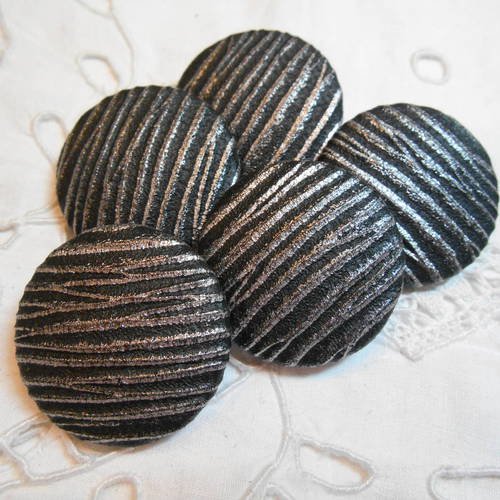 5 boutons 32mm simili cuir noir relief strié argenté 