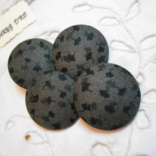 Boutons 32mm recouverts de tissu gris feuilles lierre 