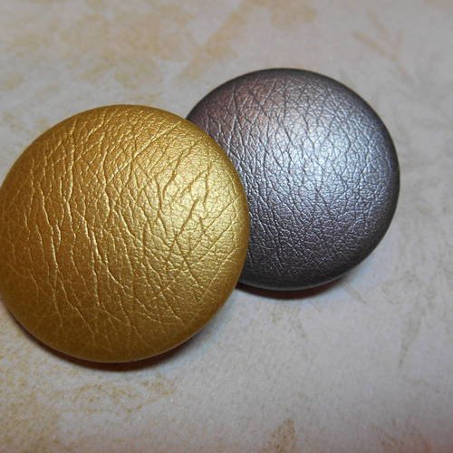 Boutons recouverts tissu simili 32mm doré et argenté 