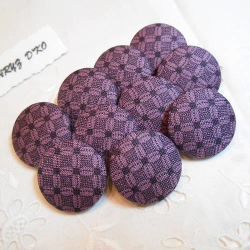 10 boutons 24mm tissu coton mauve et violet 