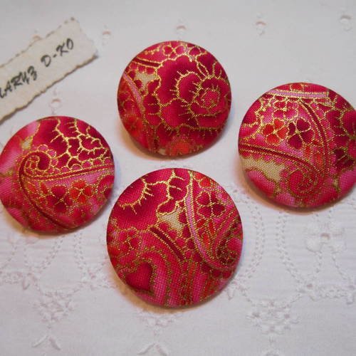 4 boutons 32mm recouverts tissu rose dorures lot 2 