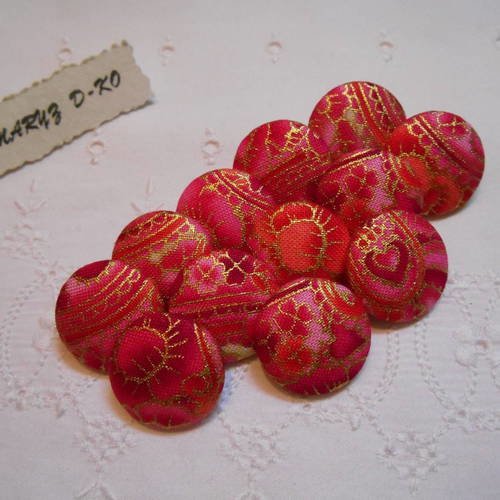12 boutons 20mm recouverts tissu rose dorures 