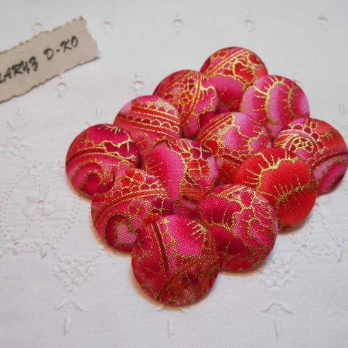 12 boutons 22mm recouverts tissu rose dorures 