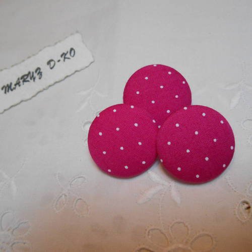3 boutons 22mm tissu coton rose à pois blanc 
