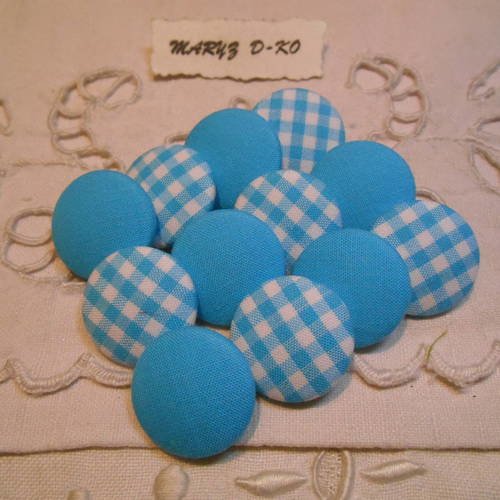 12 boutons tissu 22mm " assortiment vichy et uni bleu/blanc " 