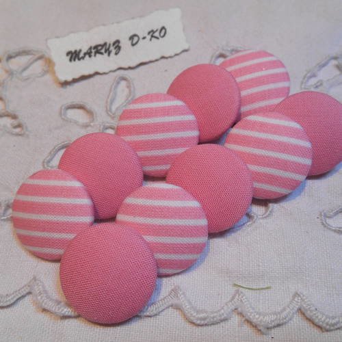 12 boutons tissu 22mm " assortiment rose/blanc rayé et uni " 