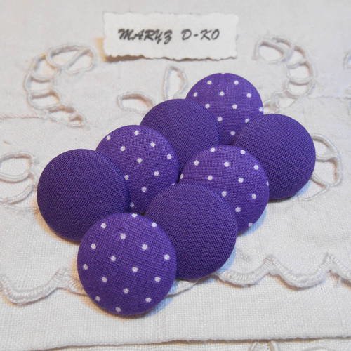 8 boutons tissu 22mm " assortiment violet/blanc à pois et uni " 