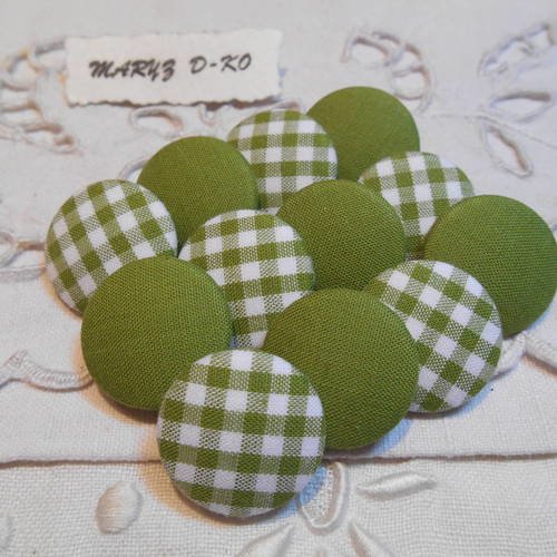 12 boutons tissu 22mm " assortiment vert olive/blanc vichy et uni " 