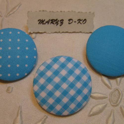 Trio boutons tissu 32mm " vichy,pois,uni bleu/blanc" 