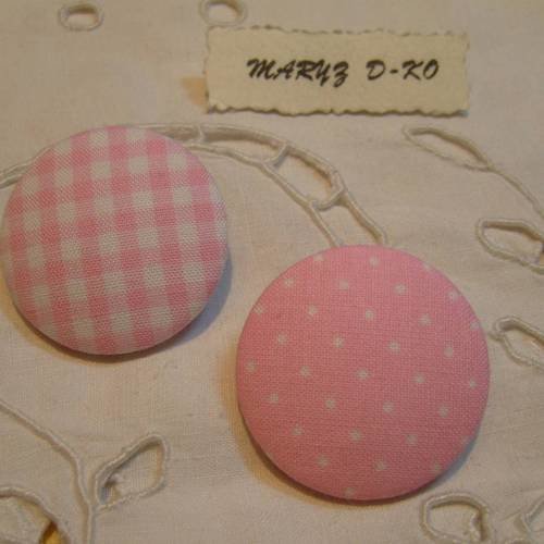 Duo boutons tissu 32mm " pois et vichy rose/blanc" 
