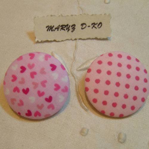 Duo boutons tissu 32mm " coeurs et pois rose "