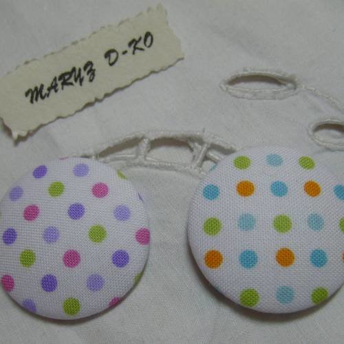 Cabochons boutons tissu  32mm " duo pois multicolores"