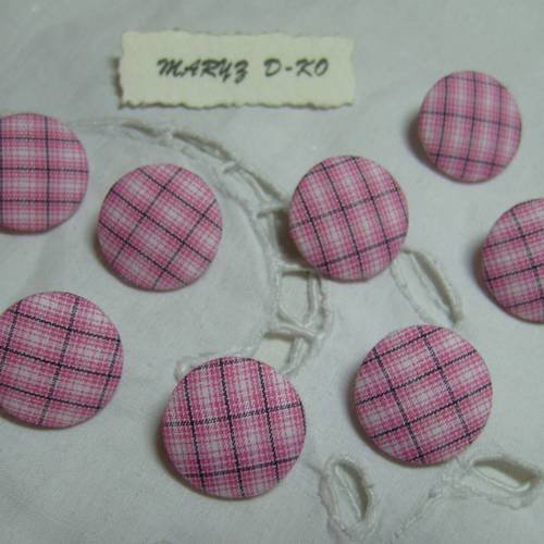 8 boutons tissu 20mm " carreaux rose et noir "
