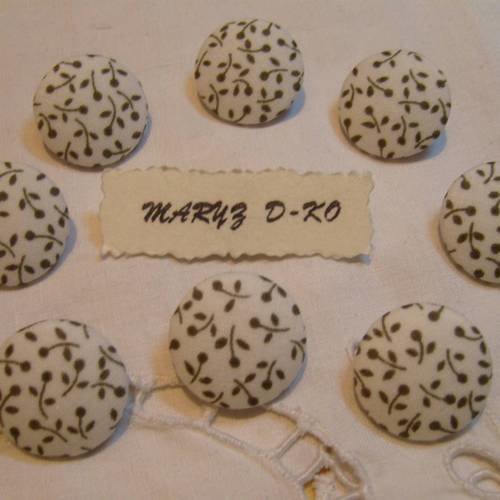 8 boutons tissu 20mm " mini fleurs kaki fond blanc "