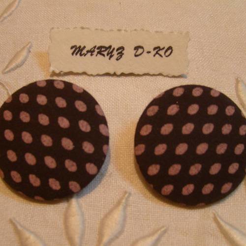 Duo boutons tissu 32mm " pois ovales taupe fond marron "