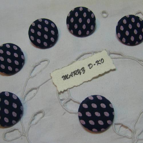 6  boutons tissu coton 22mm "pois ovales taupe fond bleu"