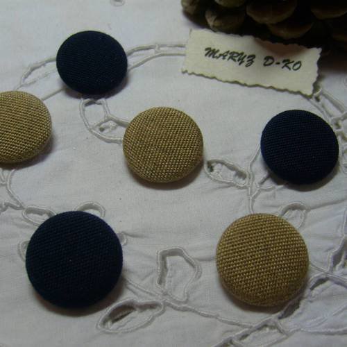 6  boutons tissu ameublement 22mm " bleu et beige"