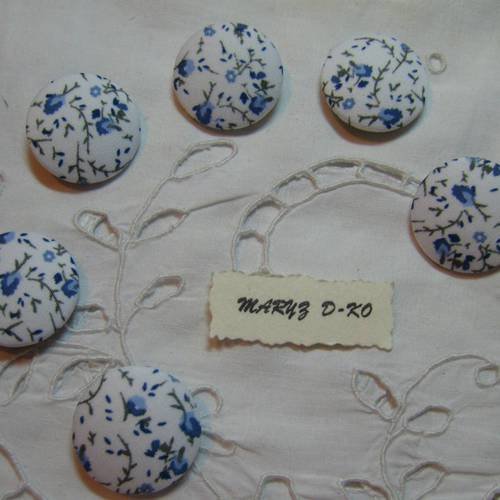 6  boutons tissu coton 28mm"liberty bleu fond blanc"