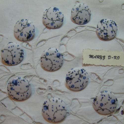 10 boutons tissu coton 22mm "liberty bleu fond blanc"