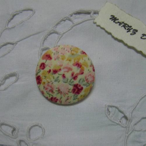 bouton tissu coton 28mm"fleuri rose fond écru"