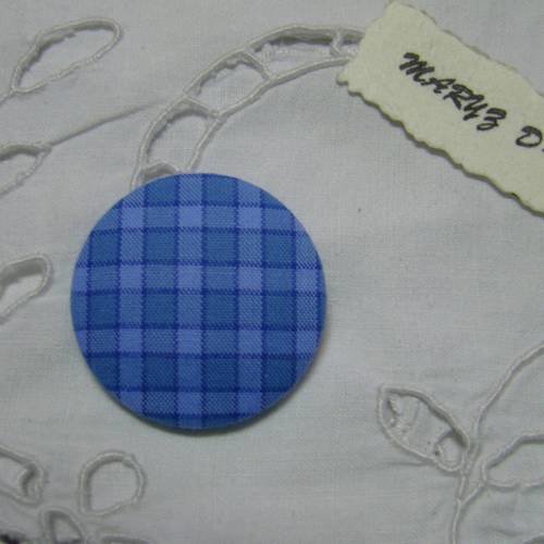  gros bouton tissu ,à coller "carreaux bleus" 32mm