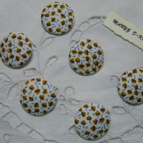 6  boutons tissu coton 28mm"petites fleurs marron"