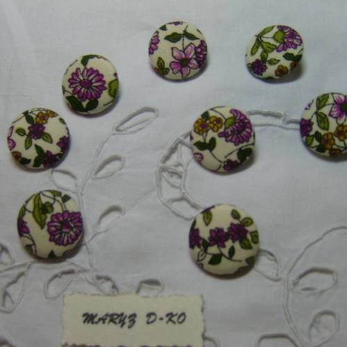 8  boutons tissu coton ,22mm,"fleuri fuchsia fond écru"