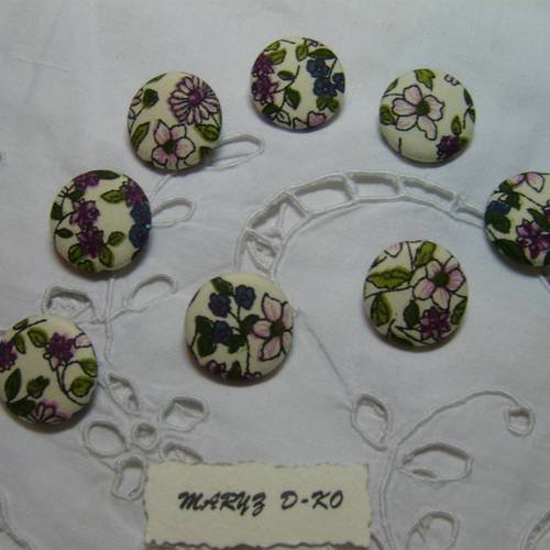 8  boutons tissu coton ,22mm,"fleuri rose fond écru"
