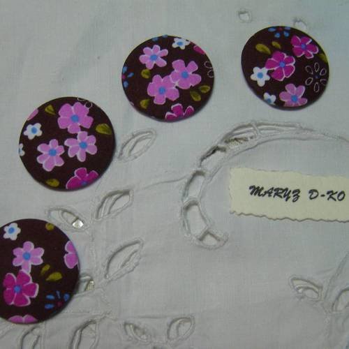 4 gros boutons à coller recouverts tissu"fleuri" 32mm