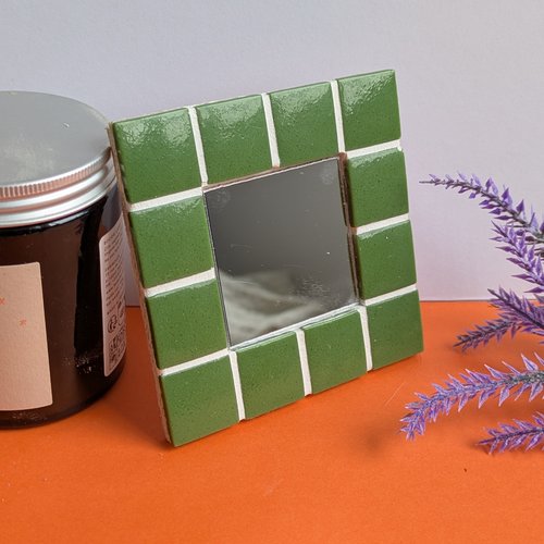 Miroir mosaïque vert, miroir mural rétro 70s, décoration artisanale colorée