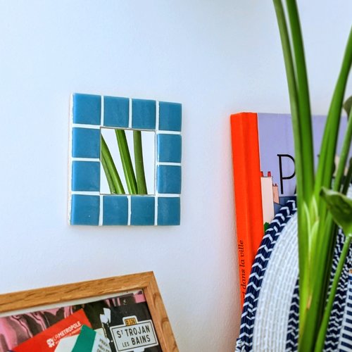 Miroir mosaïque bleu océan, miroir mural rétro 70s, décoration artisanale colorée