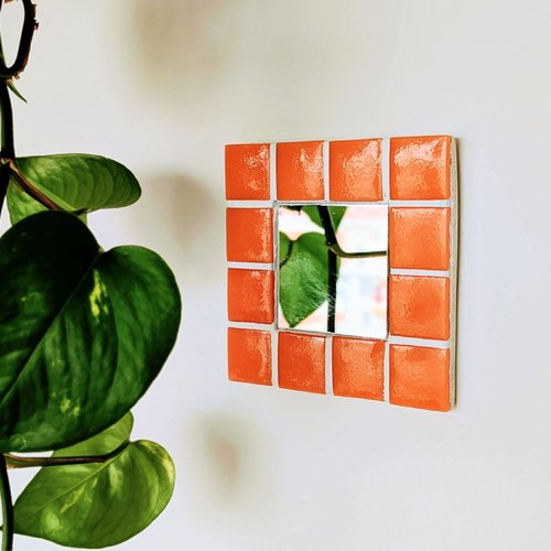 Miroir mosaïque orange rétro 70s, miroir mural carré coloré