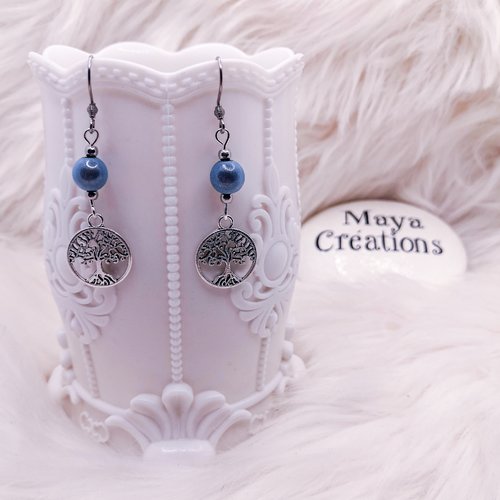 Boucles d'oreilles arbre de vie bleu clair