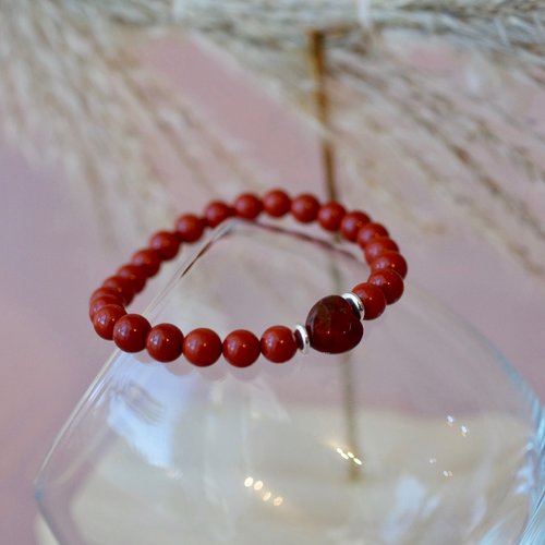 Bracelet jaspe rouge avec coeur de jaspe, bracelet perles pierre 6mm