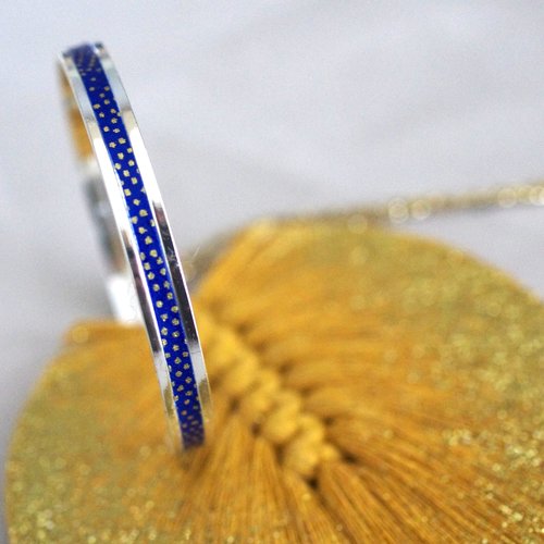 Bracelet jonc en papier washi bleu et or et laiton argenté