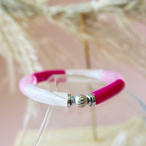 Bracelet perle tube tendance blanc et rose