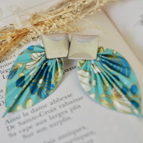 Boucles d'oreilles feuilles origami, feuilles origami papier bleu vert canard et blanc fleuri