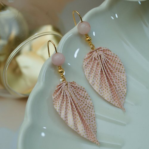 Boucles d'oreilles bijoux origami feuilles or rose/bijoux en papier/accessoires kimono/papier yuzenwashi/japon love/japon tradition