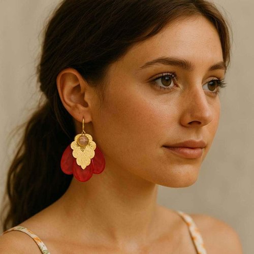 Boucles d'oreilles 3 pétales en acétate et feuilles dorées
