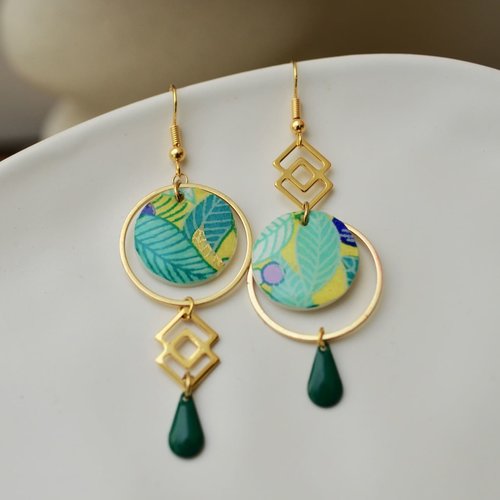 Boucles d'oreilles asymetrique en papier washi vert bleu -- idée cadeau fête des mères