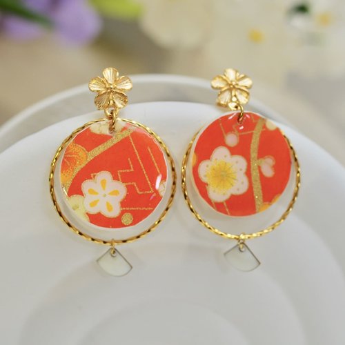 Boucles d'oreilles en papier washi fleuri orange -- idée cadeau pour les maitresses