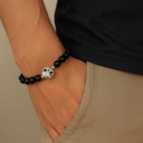 Bracelet onyx noir 8 mm – perle céramique japonaise – 17 cm