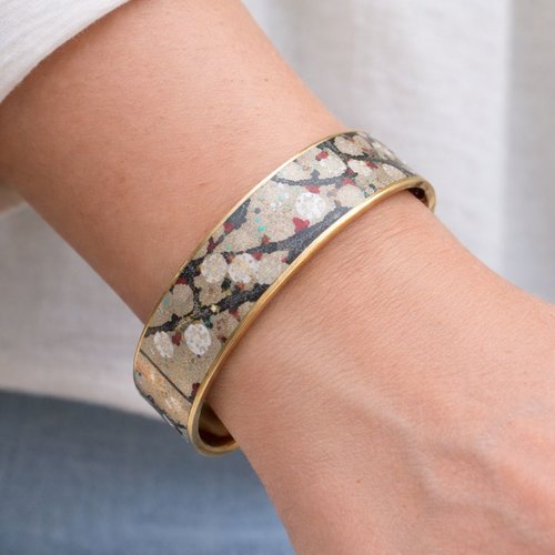 Bracelet manchette réglable en papier japonais beige et or fleuri