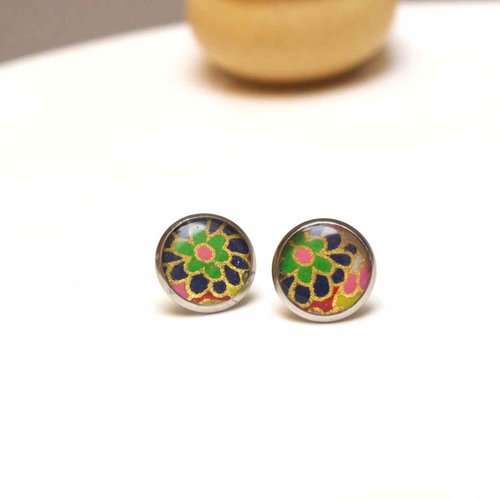 Boucles d’oreilles puce en acier et papier japonais résiné