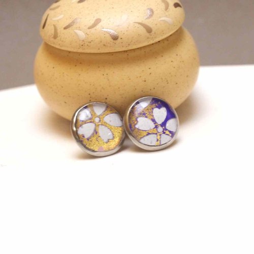 Boucles d’oreilles puce en acier et papier japonais résiné violet