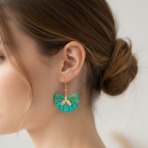Boucles d’oreilles éventail sensu en polymère  vert turquoise et en plaqué or