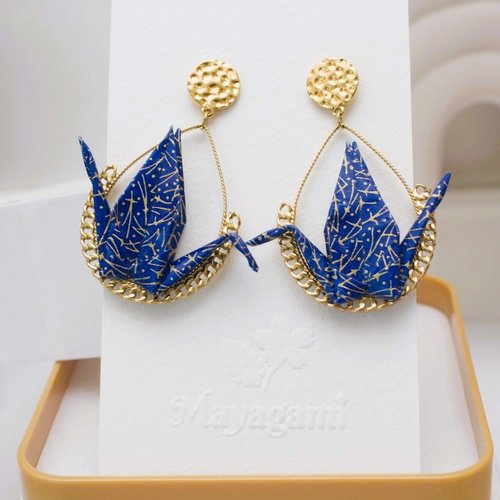 New boucles d'oreilles grue en origami japonais et acier inoxydable doré, papier washi bleu nuit et or, bijou unique fait main