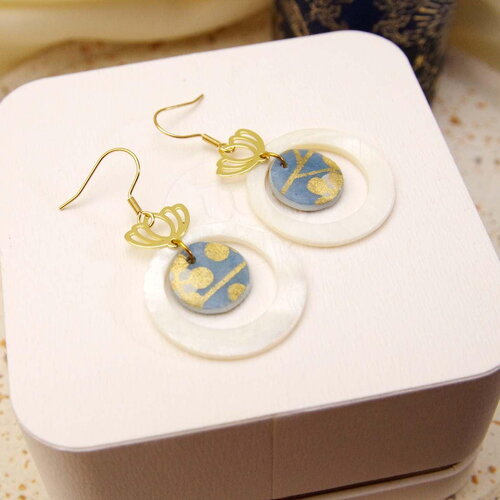New boucles d'oreilles de  nacre et papier japonais résiné sur un médaillon de nacre &amp; éventails